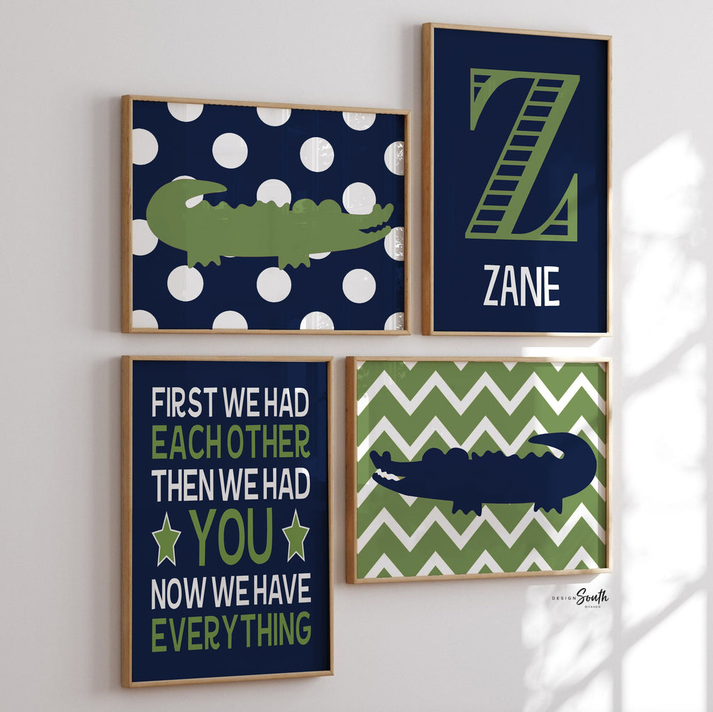 Baby boy alligator nursery wall decor, alligator theme bedroom, quote for boys, personalized name print, navy blue and green boys room art