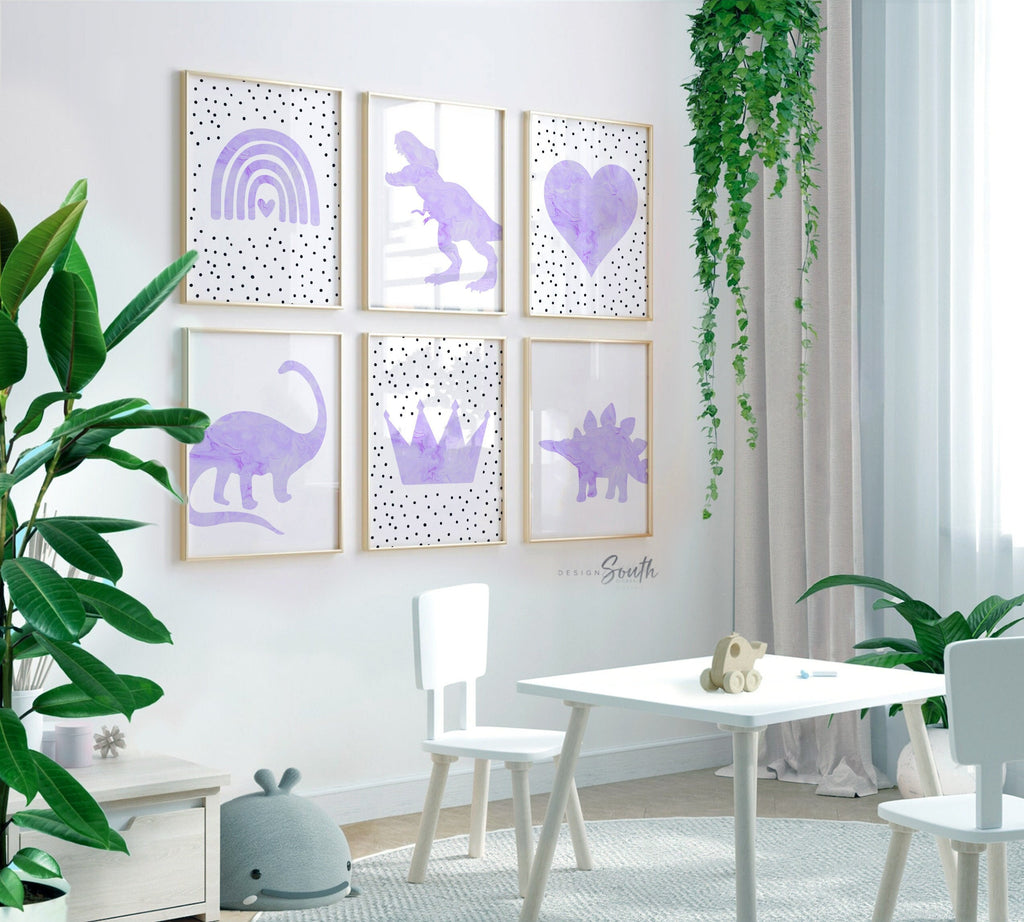 Girl dinosaur hearts rainbows, girl purple dinosaur themed nursery, girl dinosaur bedroom wall art, purple dinosaur, 6 girly dinosaur prints