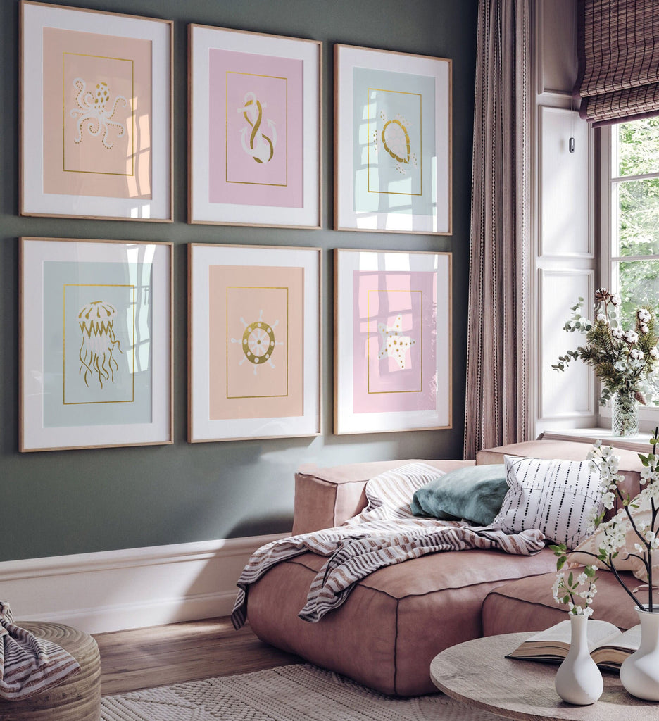 Nautical baby art, girl ocean beach nursery, nautical nursery wall art pastel tones, gold and pastel nautical room decor, baby girl room art