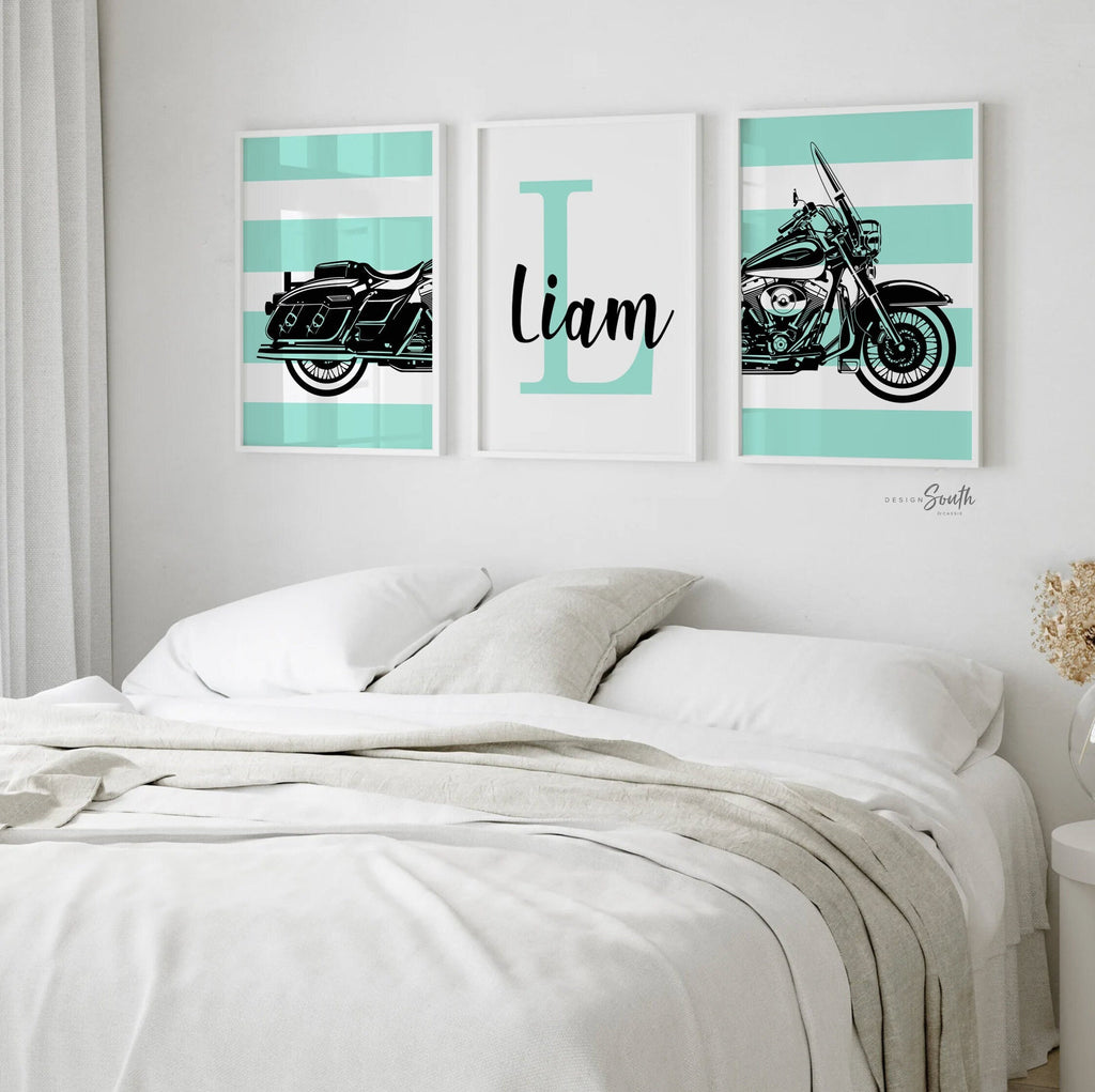 Black motorcycle boys nursery art, boys motorcycle wall art, motorcycle wall art for boys, monogrammed motorcycle wall art gift, kid name