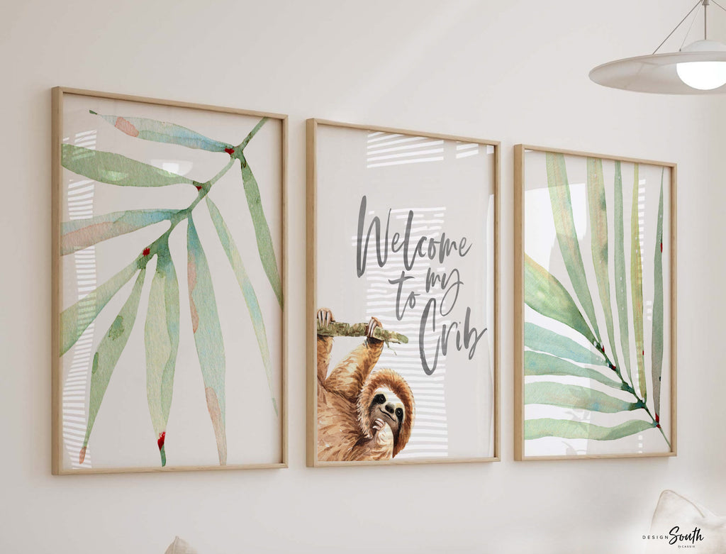 Sloth wall art set, sloth themed baby nursery, sloth nursery ideas, sloth tropical rainforest room decor, neutral sloth green gray newborn