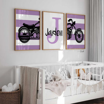 Toddler girl purple motorcycle themed art, girls motorcycle customized name print, purple harley davidson bedroom decor, baby purple harley