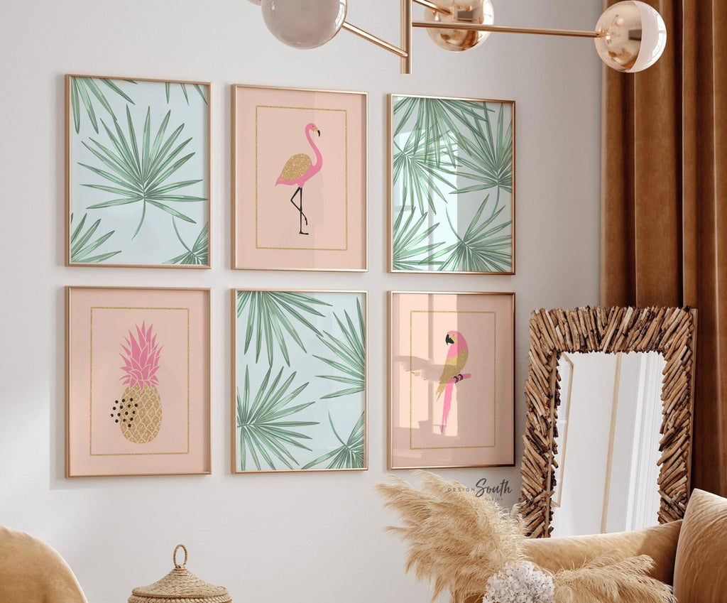 Tropical nursery baby, pink palm trees nursery wall, green palm leaf flamingo bedroom, baby girl nursery ideas, themed nursery tropical girl