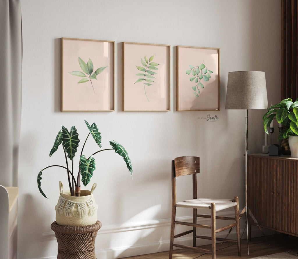 Blush pink and green plant wall art set, bathroom plant art, decor wall modern tropical plant, pink green bathroom, blush pink plant nursery