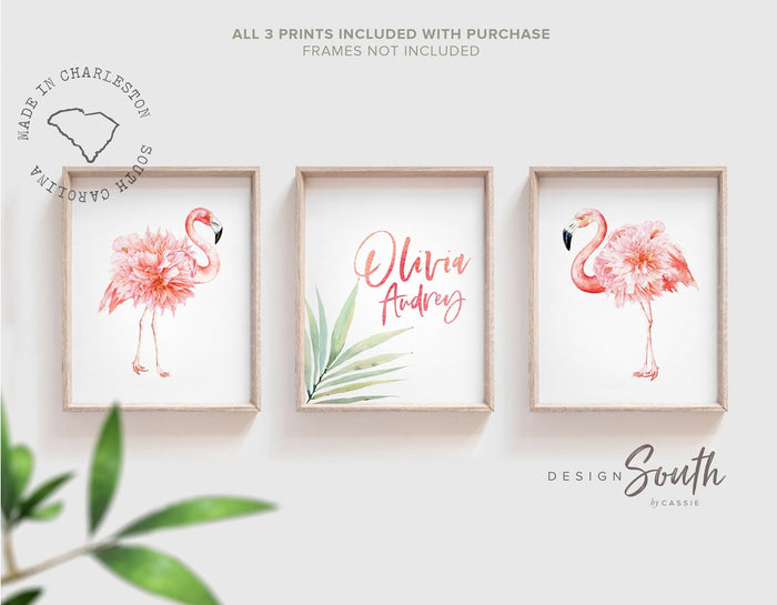 Minimal pink flamingo watercolor art, flamingos accented with palm leaf, tropical set of 3 art prints, pastel pink flamingo, tropical birds