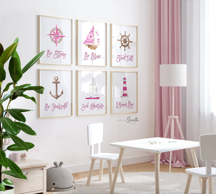 Nautical girl room art, anchor ship wheel sailboat collection nautical wall prints, nautical nursery art, ocean theme wall art, sea baby art