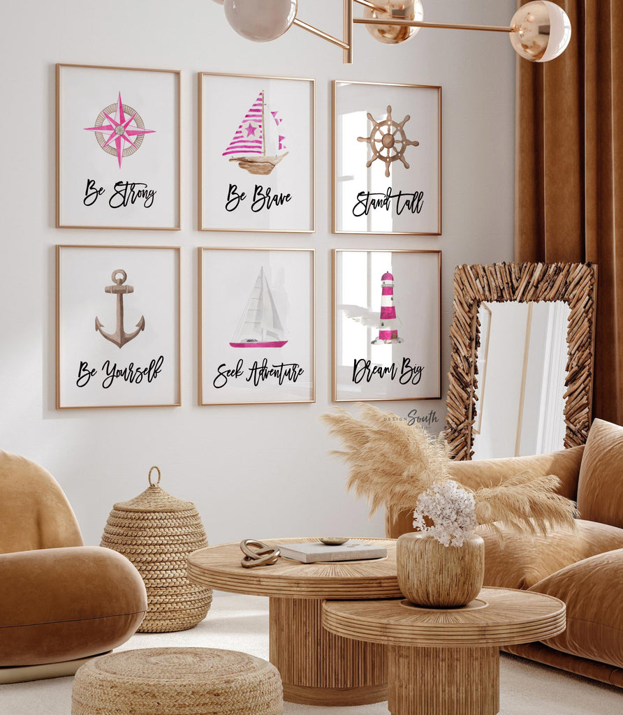 Nautical girl room art, anchor ship wheel sailboat collection nautical wall prints, nautical nursery art, ocean theme wall art, sea baby art