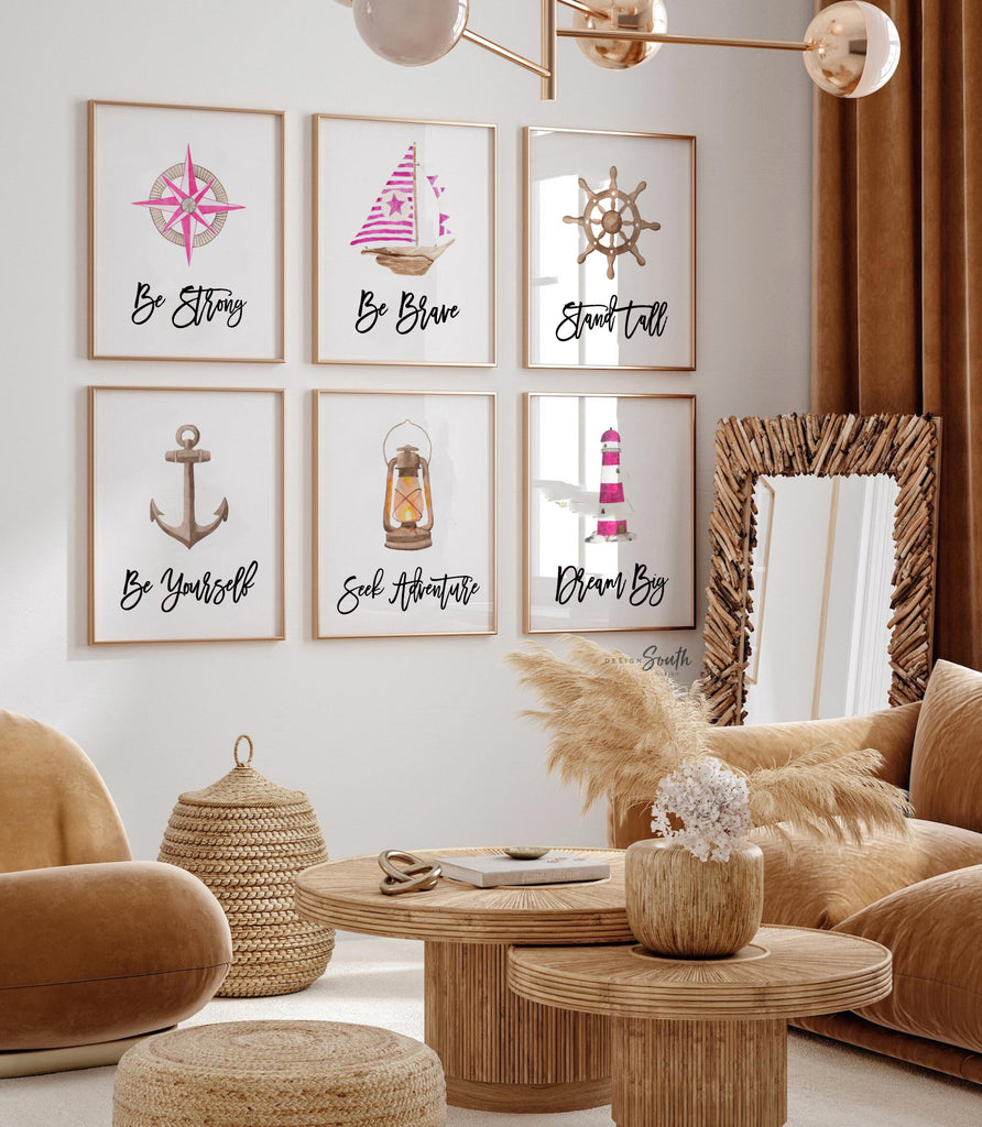 Nautical girl room art, anchor ship wheel sailboat collection nautical wall prints, nautical nursery art, ocean theme wall art, sea baby art