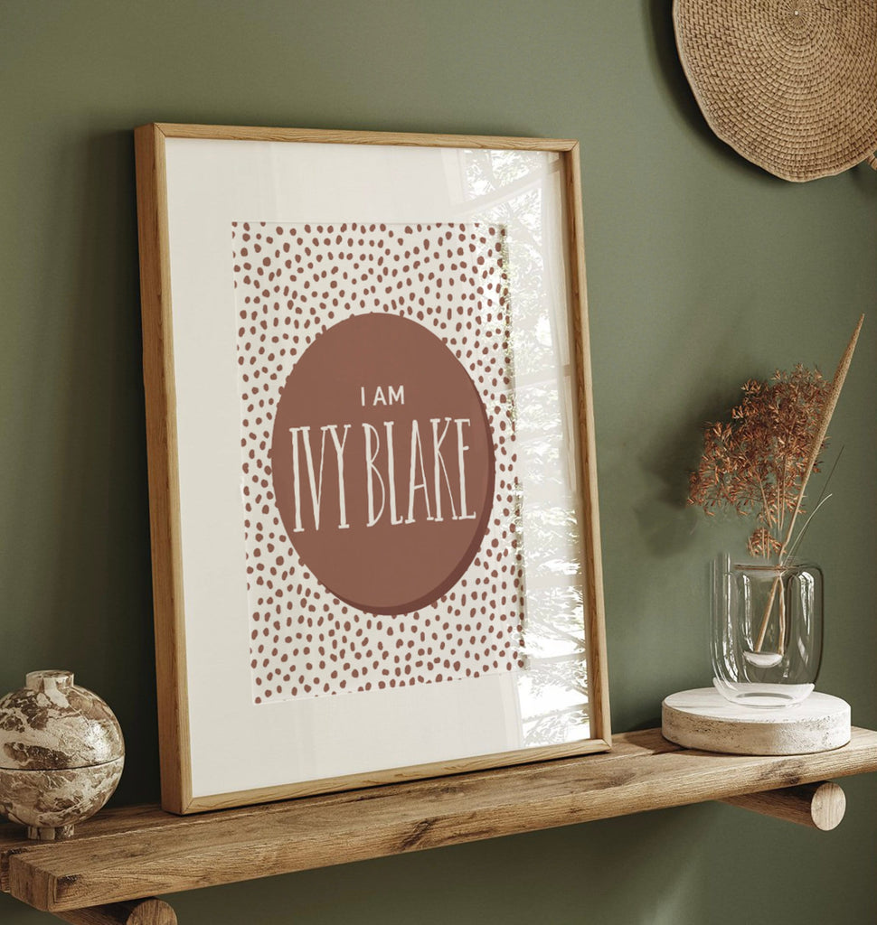 Boho mauve brown nursery playroom bedroom art prints, I am affirmations, neutral wall art, boho kids bedroom playroom art, personalized name