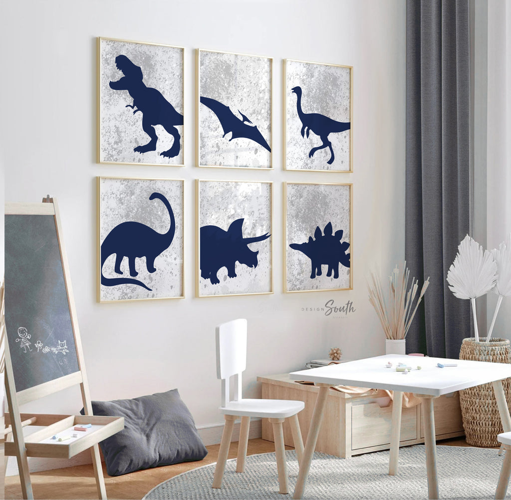 Navy blue dinosaurs, navy blue and gray boys room art, toddler boy bedroom navy blue dinosaurs, collection of 6 dinosaur art prints posters