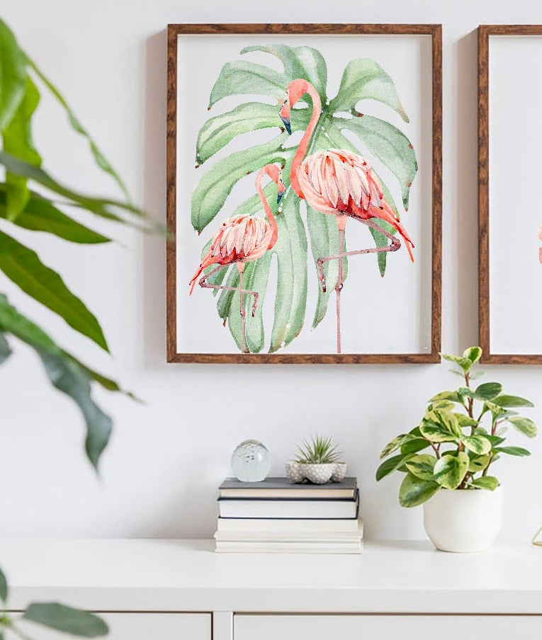 Tropical flamingo nursery, pink green nursery tropical baby, monstera leaf tropical theme baby, trendy nursery wall art decor baby girl gift