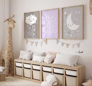 Baby girl nursery lilac and gray, moon and stars nursery decor, I love you to the moon, cloud nursery girl, cloud wall art, moon star cloud
