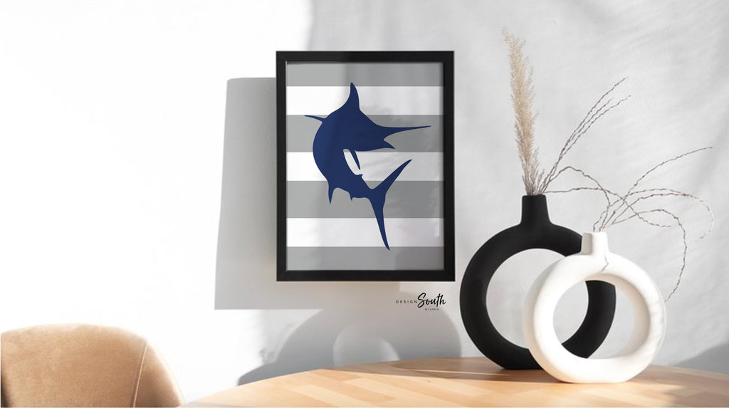 Fish nursery decor, deep sea fish nursery, nautical, fish theme, marlin boys art, marlin nursery decor, navy blue and gray, marlin nursery