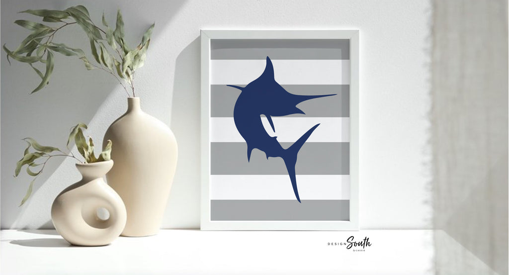 Fish nursery decor, deep sea fish nursery, nautical, fish theme, marlin boys art, marlin nursery decor, navy blue and gray, marlin nursery