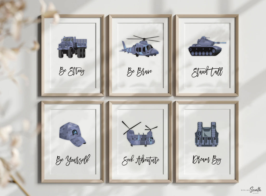 Army themed transportation vehicles boys wall art set, soldier military tank truck helicopter, boys bedroom wall art print decor army marine troop, playroom army