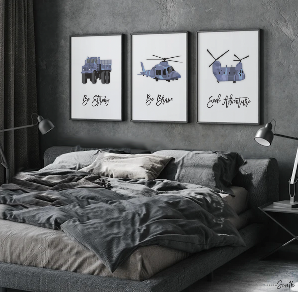 Army themed transportation vehicles boys wall art set, soldier military tank truck helicopter, boys bedroom wall art print decor army marine troop, playroom army