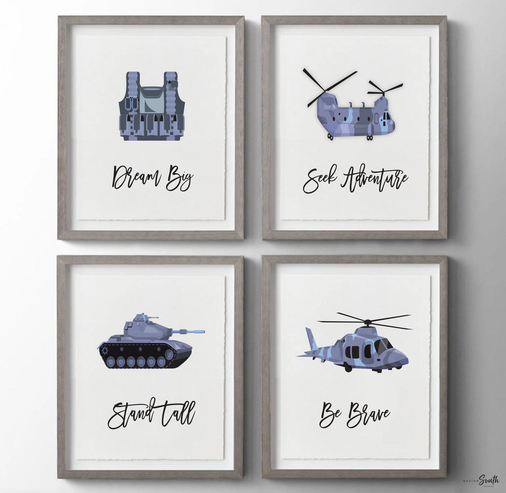 Army themed transportation vehicles boys wall art set, soldier military tank truck helicopter, boys bedroom wall art print decor army marine troop, playroom army