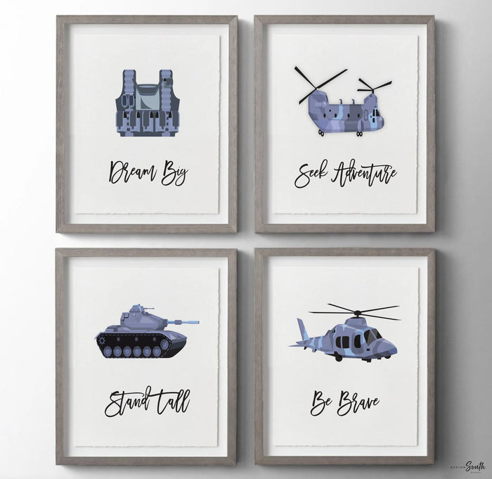 Army vehicles boys wall art set, soldier military tank truck helicopter, boys bedroom wall art print decor army marine troop, playroom army