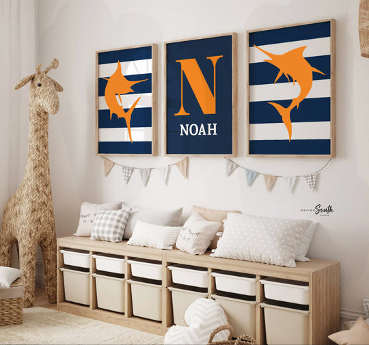 Saltwater fish prints, decor for boy litter fisherman, navy blue and orange playroom decor, personalized fish signs, gift for birthday boy – unframed wall art print for kids room or nursery.