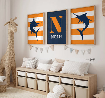 Nautical nursery decor, personalized prints for nursery, orange and navy blue wall prints, marlin fish, playroom print, print for bathroom