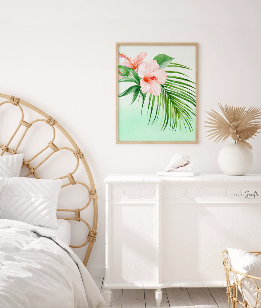 Girl nursery decor, palm leaf tropical theme nursery art, mint green tropics botanical girl wall, palm nursery decor, pink tropical decor