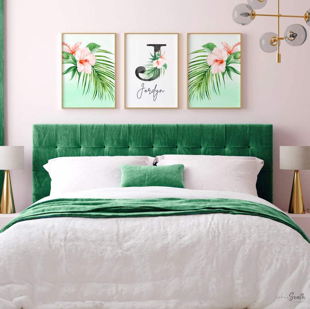 Girl nursery decor, palm leaf tropical theme nursery art, mint green tropics botanical girl wall, palm nursery decor, pink tropical decor