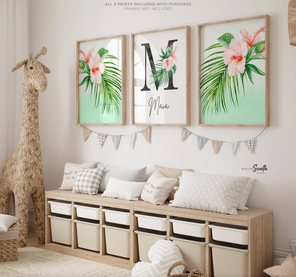 Girl nursery decor, palm leaf tropical theme nursery art, mint green tropics botanical girl wall, palm nursery decor, pink tropical decor