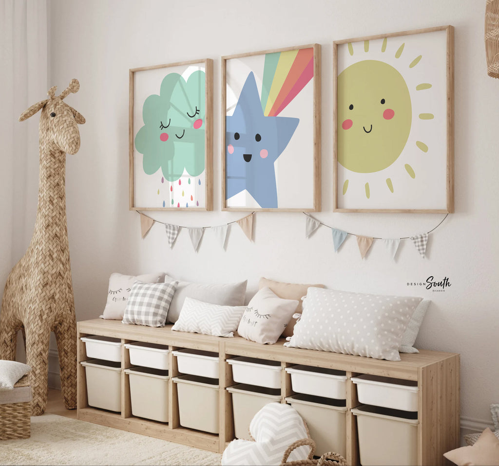 Green blue and yellow nursery gender neutral, pastel star nursery art, decor for nursery, playroom wall art, nursery set of 3 gender neutral