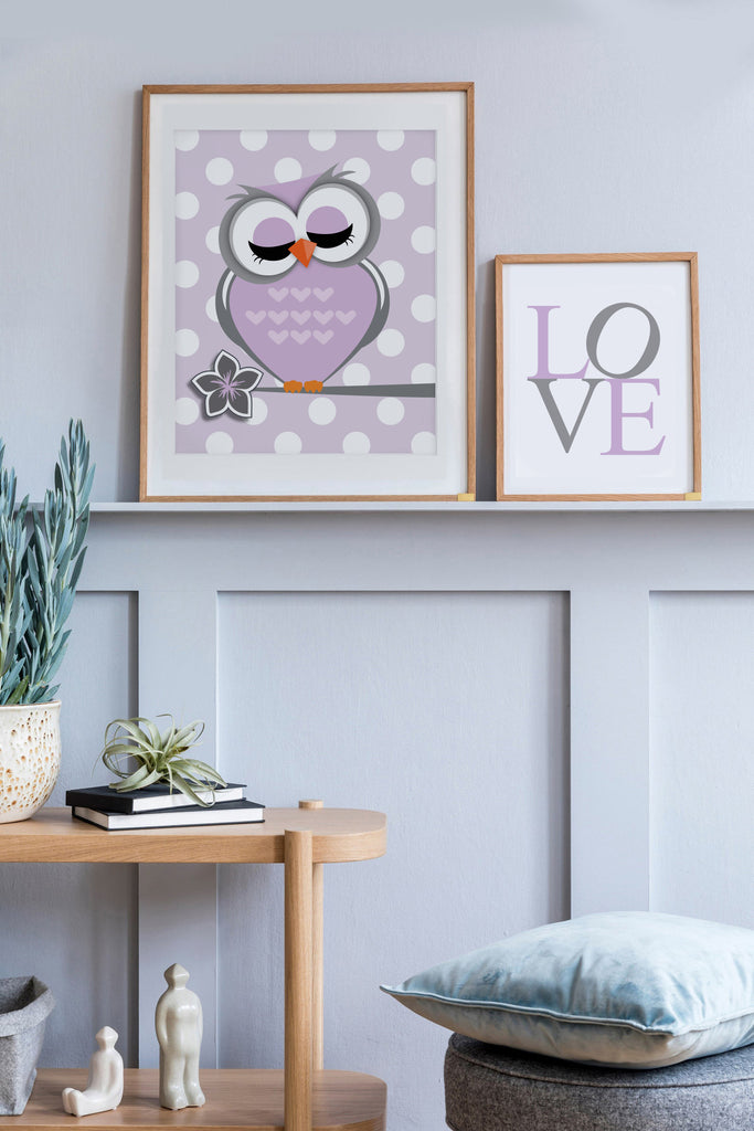 Baby girls owl nursery decor, purple and gray nursery decor, owl theme nursery for girls, gray owl baby art, owl nursery, purple nursery art