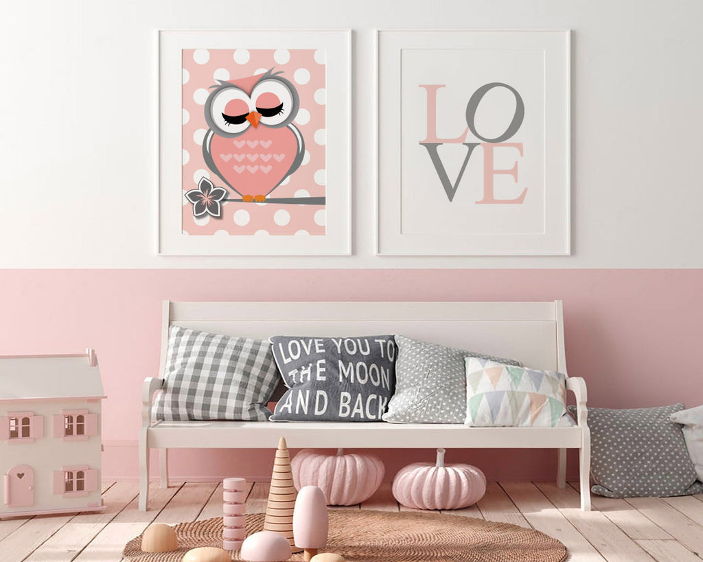 Baby girls owl nursery decor, pink and gray nursery decor, owl theme nursery for girls, baby girl owls pink and gray, chevron, flower, pink