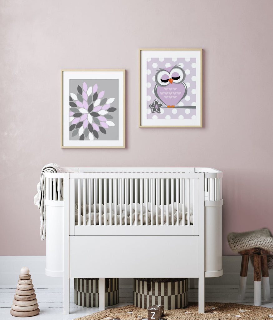 Baby girls owl nursery decor, purple and gray nursery decor, owl theme nursery for girls, gray owl baby art, owl nursery, purple nursery art
