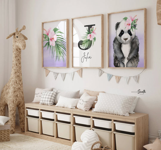Palm panda bear baby girl wall art, tropical palm baby monogram, girls nursery print, baby name wall art, pink and purple name nursery decor