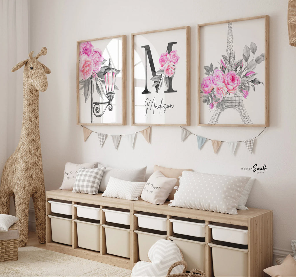 Pink paris themed girls room, hot pink eiffel tower parisian little girl decor, girl personalized name floral roses, elegant nursery decor