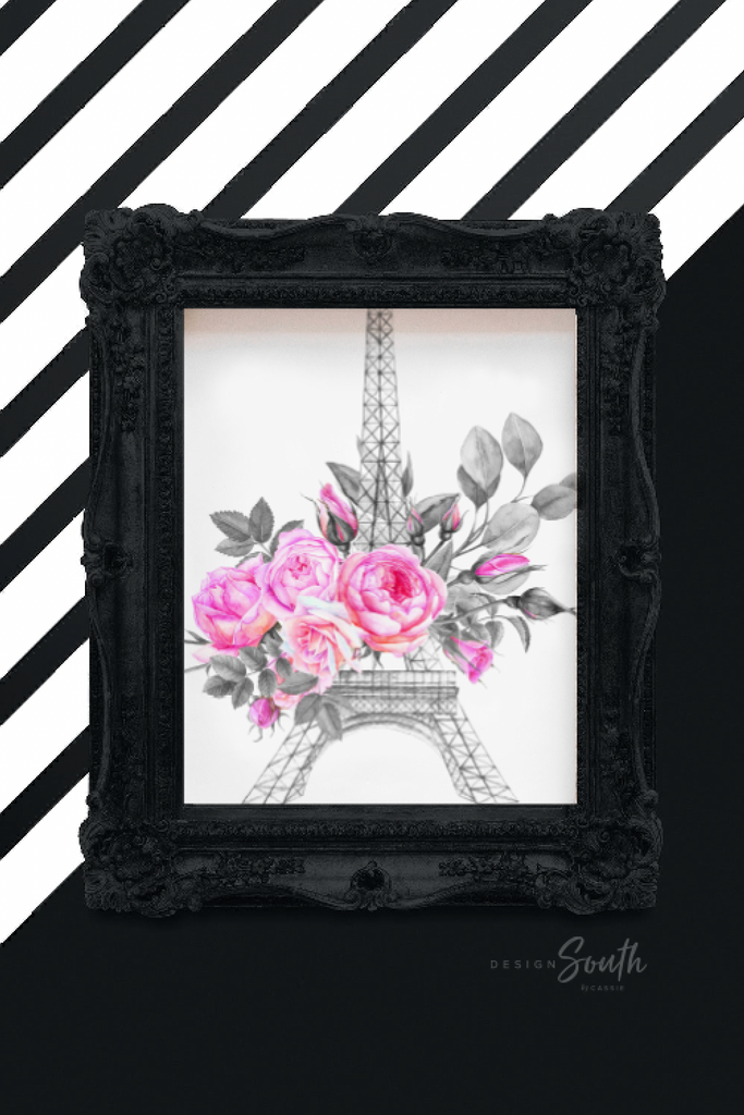 Pink paris themed girls room, hot pink eiffel tower parisian little girl decor, girl personalized name floral roses, elegant nursery decor