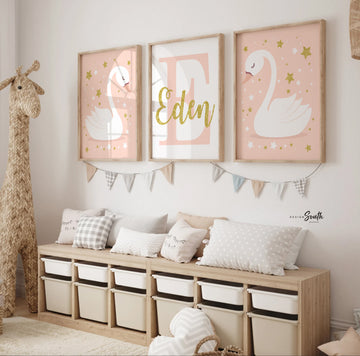 Blush nursery decor, blush baby room art, little girl swan nursery wall decor, girls blush gold nursery, swan nursery decor, baby girl swan