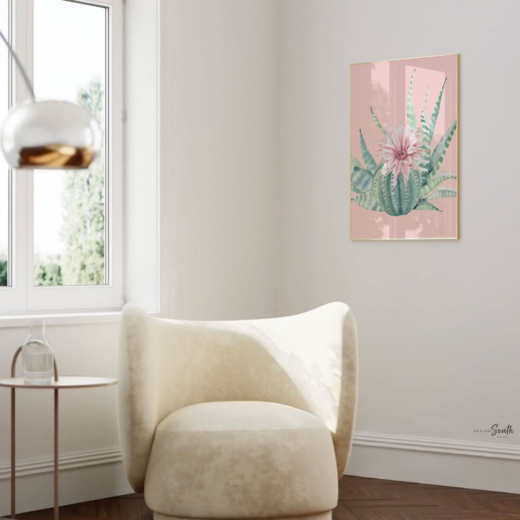 Baby girl boho cactus nursery, walls pink floral cactus prints, set of 4 flower prints, desert theme cactus bloom art, nursery succulents