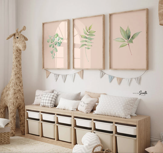 Blush pink and green plant wall art set, bathroom plant art, decor wall modern tropical plant, pink green bathroom, blush pink plant nursery – unframed wall art print for kids room or nursery.