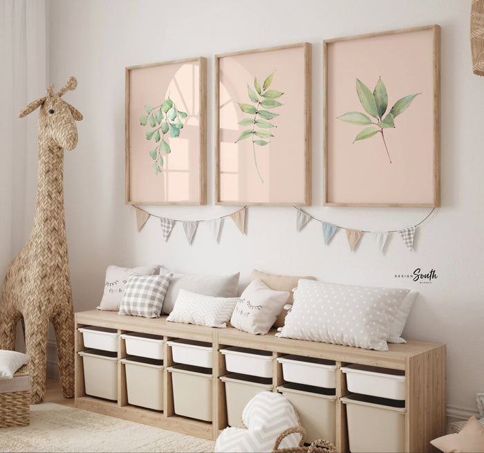 Blush Pink & Green Plant Wall Art — Watercolor Bathroom Prints