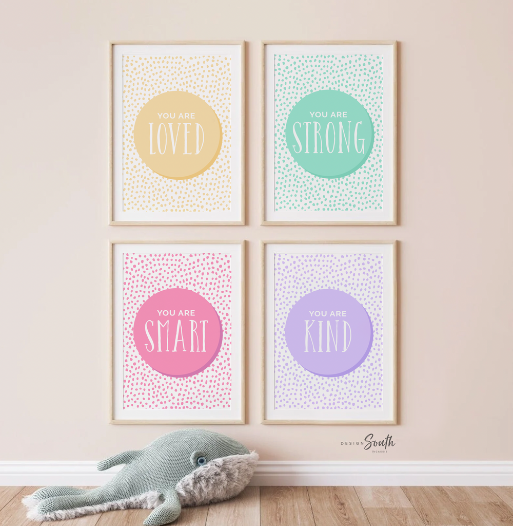 Playroom decor rainbow colors, pastel positive affirmation kids wall art print set, children playroom wall decor, boy girl bedroom playroom nursery room decor, positive art kids brave smart strong kind unique loved