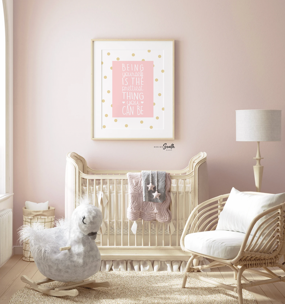Pink gold nursery, blush nursery wall art, pink nursery prints, pink and gold, being yourself is the prettiest, be yourself, pink swan decor