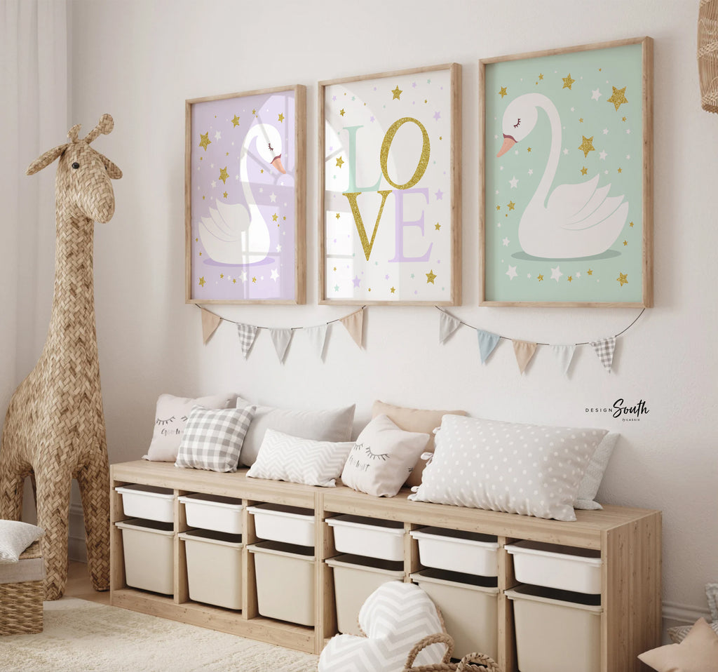 Lilac mint and gold, love nursery print, celestial theme glitter sparkle gold stars, swan baby room art prints, baby girl nursery wall decor