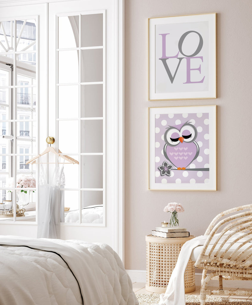 Baby girls owl nursery decor, purple and gray nursery decor, owl theme nursery for girls, gray owl baby art, owl nursery, purple nursery art