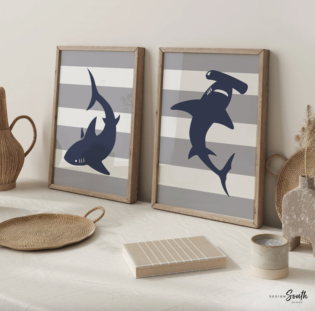 Blue and gray boys shark nursery art, blue and gray nautical boys art, shark toddler bedroom wall art, boys custom name gift sharks gray