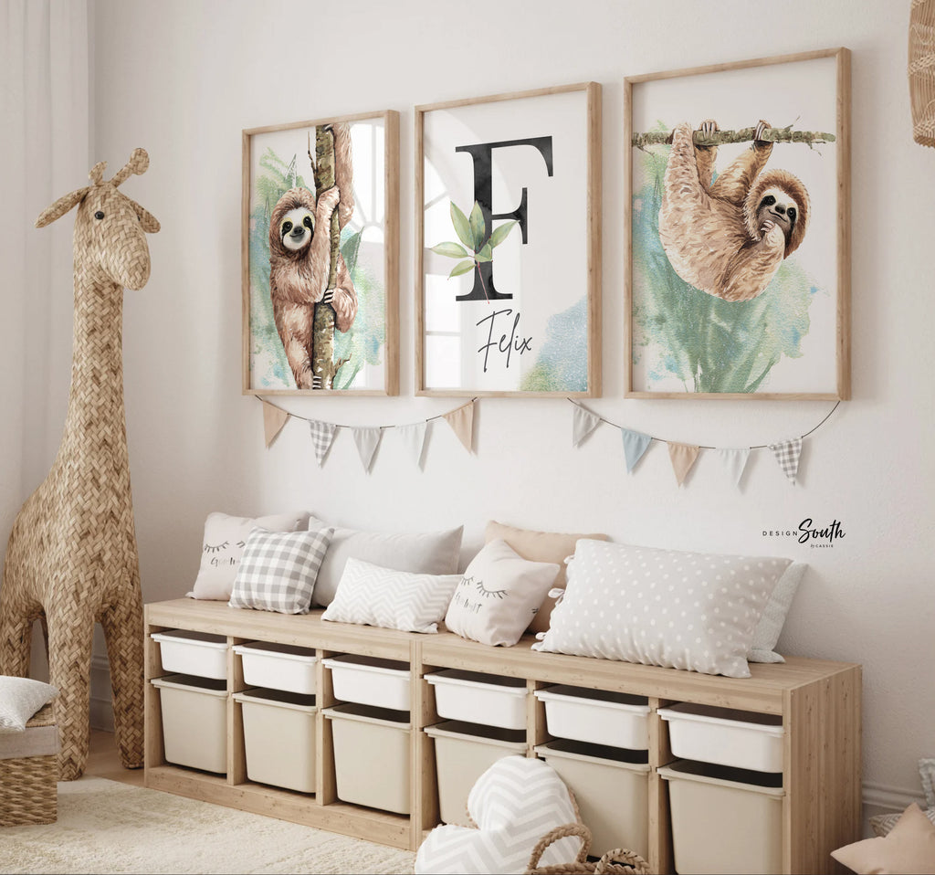 Boy bedroom or nursery gift sloth wall art, sloth themed room personalized name, boys nature animal bedroom art prints, sloth boy decor, wall art child decor