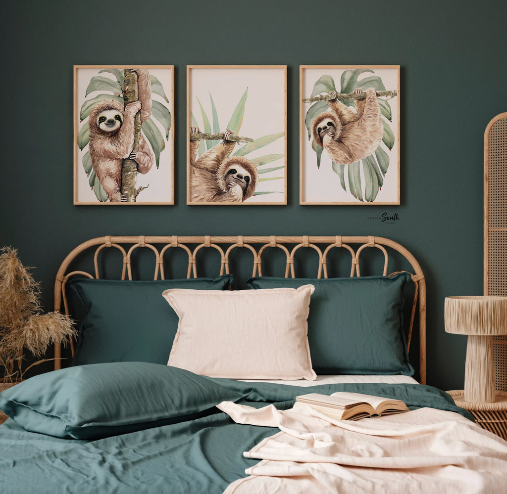 Sloth wall art set, sloth themed baby nursery, sloth nursery ideas, sloth tropical rainforest room decor, neutral sloth green gray newborn