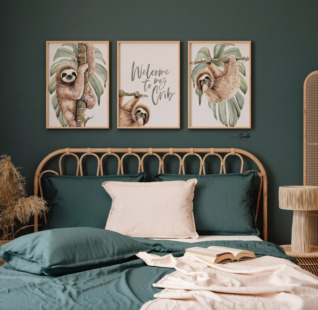Sloth wall art set, sloth themed baby nursery, sloth nursery ideas, sloth tropical rainforest room decor, neutral sloth green gray newborn