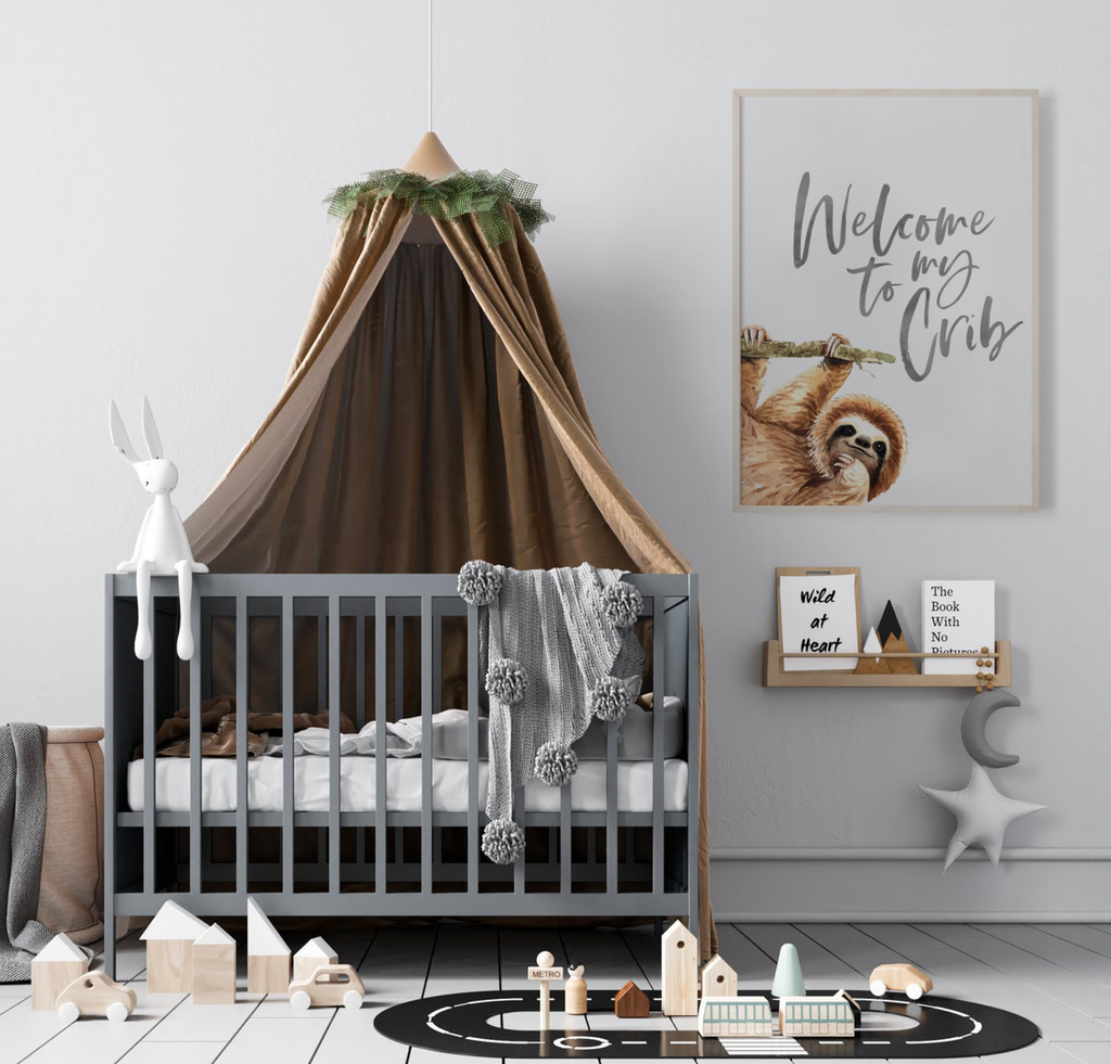 Sloth wall art set, sloth themed baby nursery, sloth nursery ideas, sloth tropical rainforest room decor, neutral sloth green gray newborn