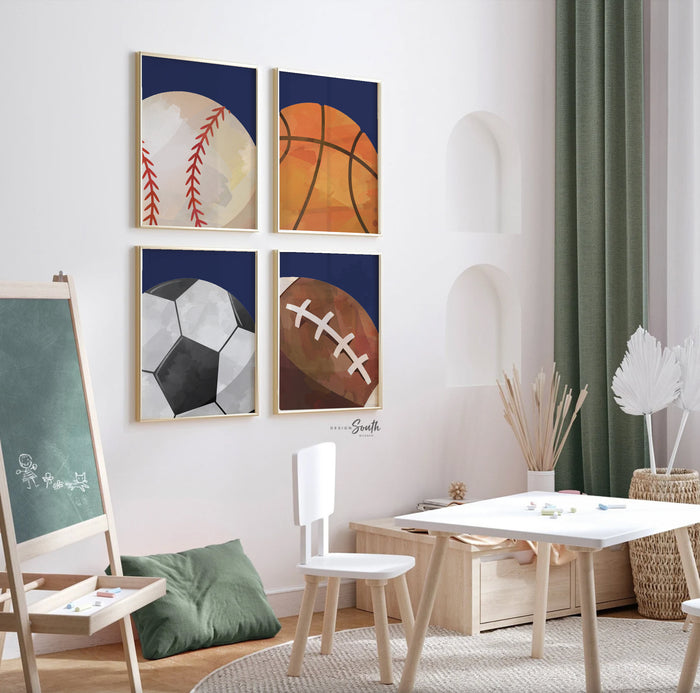 Set of 4 sports balls navy blue wall print, sports baby nursery or little boy's room, all sports sporty gift baby shower, toddler sports art