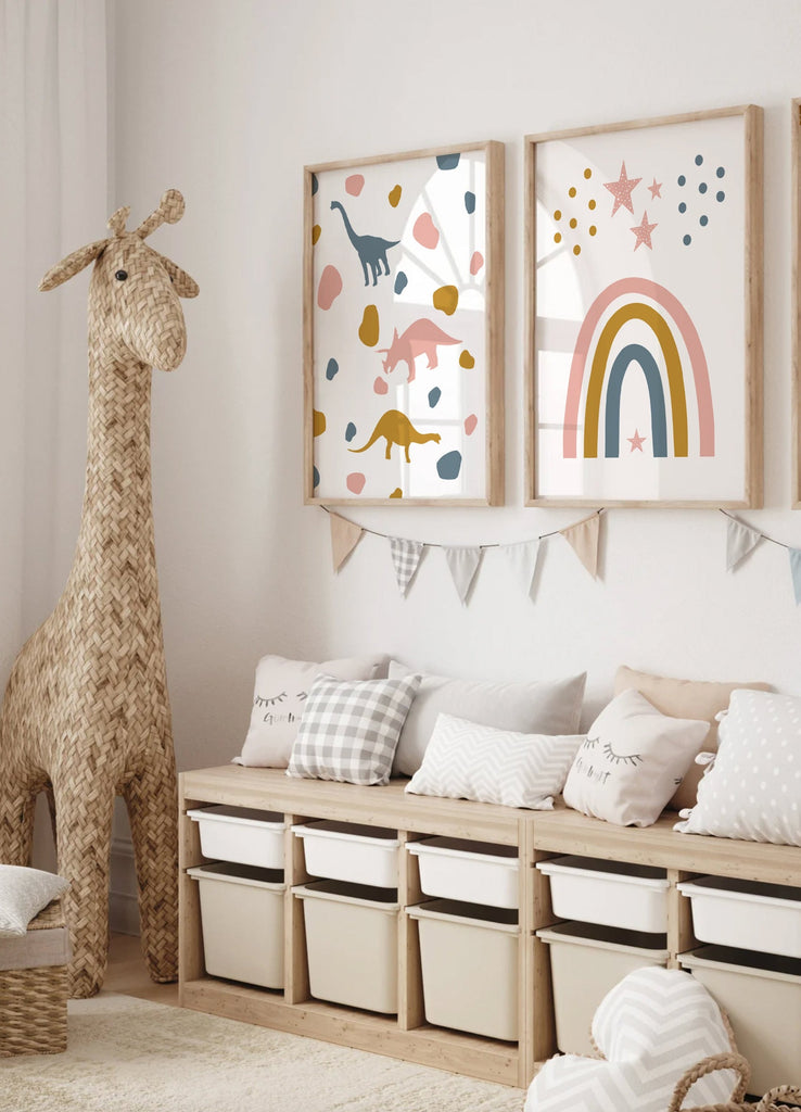 Girl dinosaur and unicorn art, dinosaur unicorn prints for girls, trendy pattern girl dinosaurs, art prints dinosaur unicorn theme modern