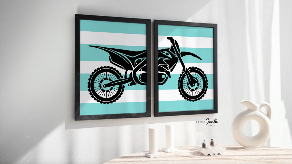 Boys black dirt bikes bedroom decor, motocross bedroom wall art for boys, customized bedroom art boys dirt bikes, black aqua dirt bike name